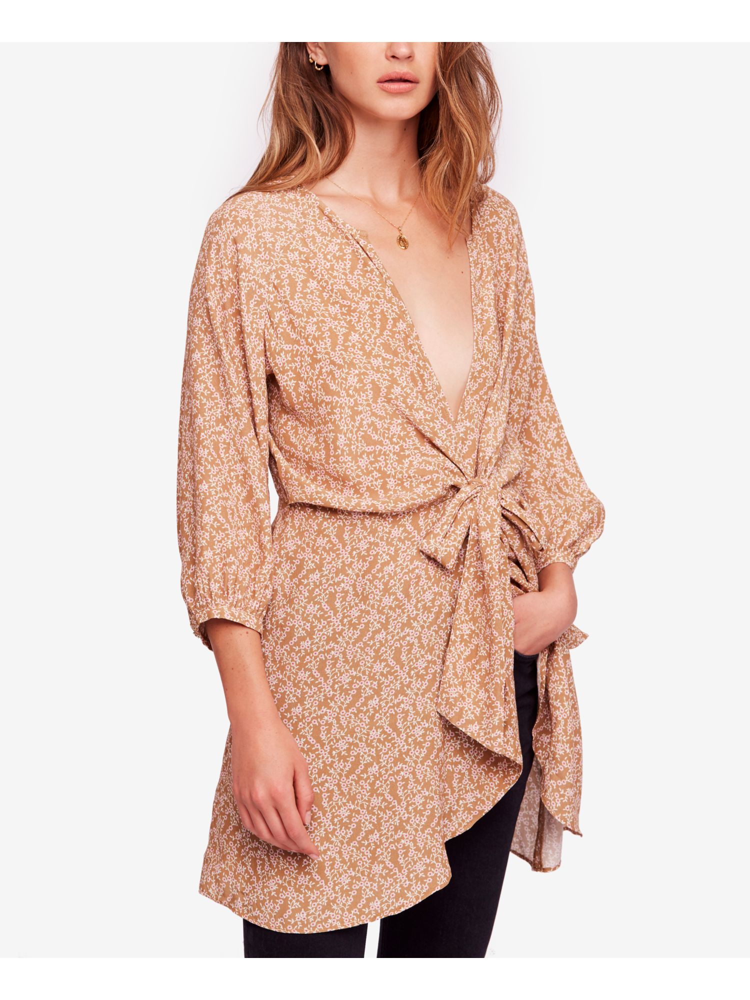 FREE PEOPLE $118 Womens New 1685 Brown Printed Tie Front 3/4 Sleeve Top XS B+B